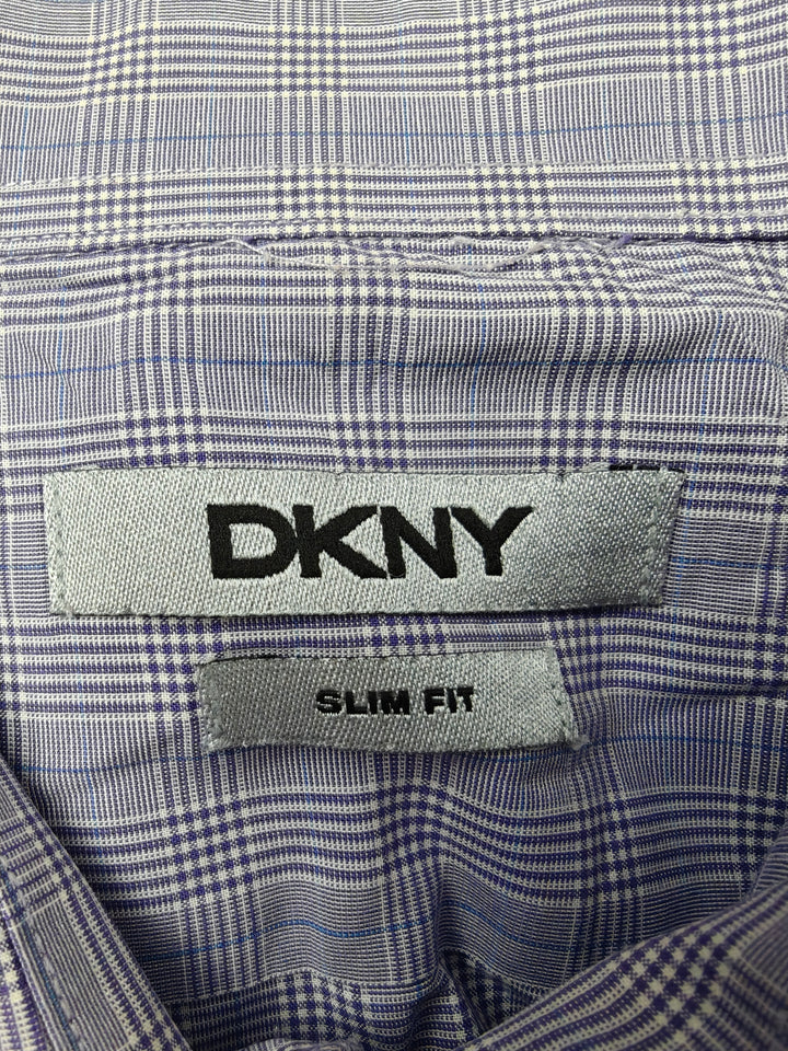 Men’s DKNY Slim Fit Dress Shirt Purple Plaid Size XL 17.5 34/35