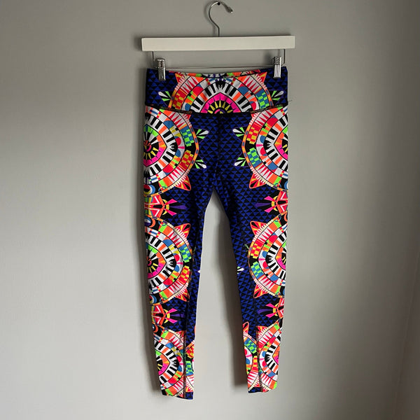 Mara Hoffman Navy Blue Boho Neon Printed Yoga Pilates Eye Workout Leggings Sz S