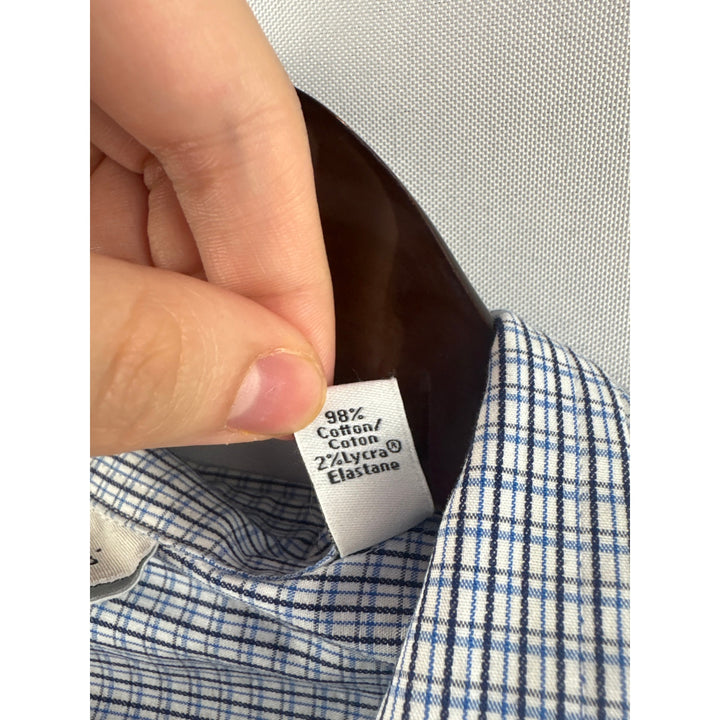 Men’s Calvin Klein Size 15 Blue, White, & Black Micro Plaid Button Up