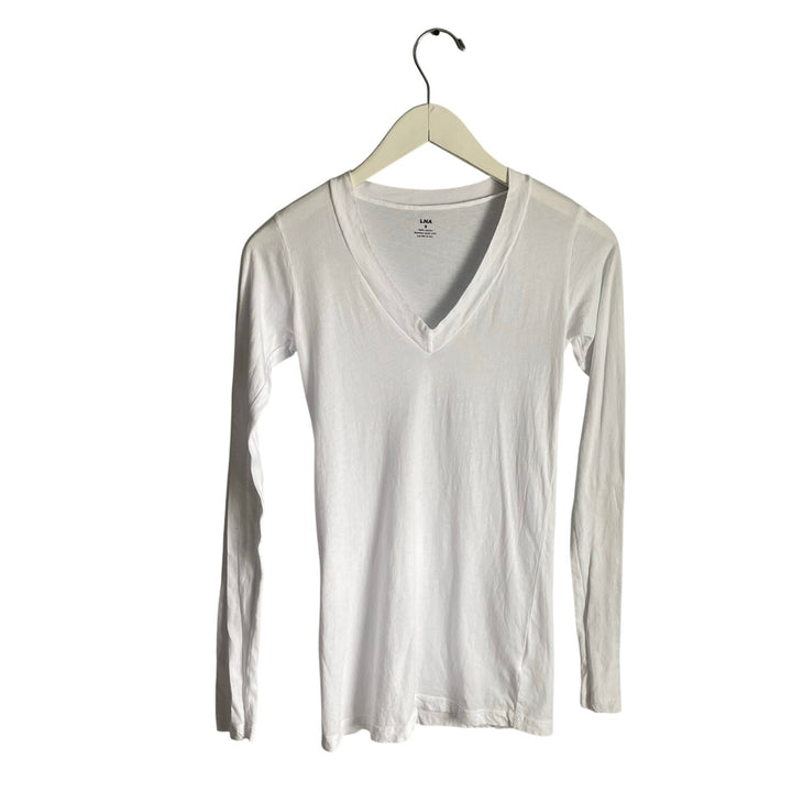 LNA White V-neck Long Sleeve T-Shirt Top Shirt Minimalist Basic 100% Cotton sz S
