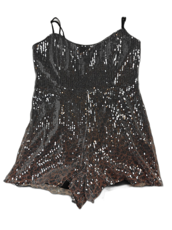 Women Hutch Sequin Romper Black Animal Print XL