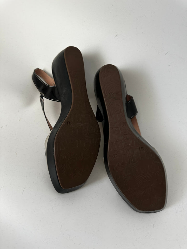 Wonders Black Patent Leather &amp; Cream Wedge Slingback Sandals EU 41
