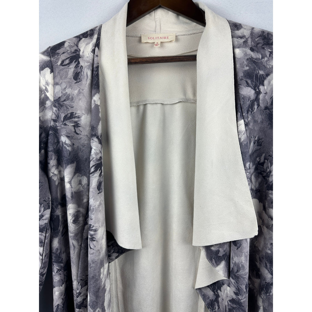 Women’s Solitare Open Front Gray Floral Faux Suede Open Cardigan Size Small