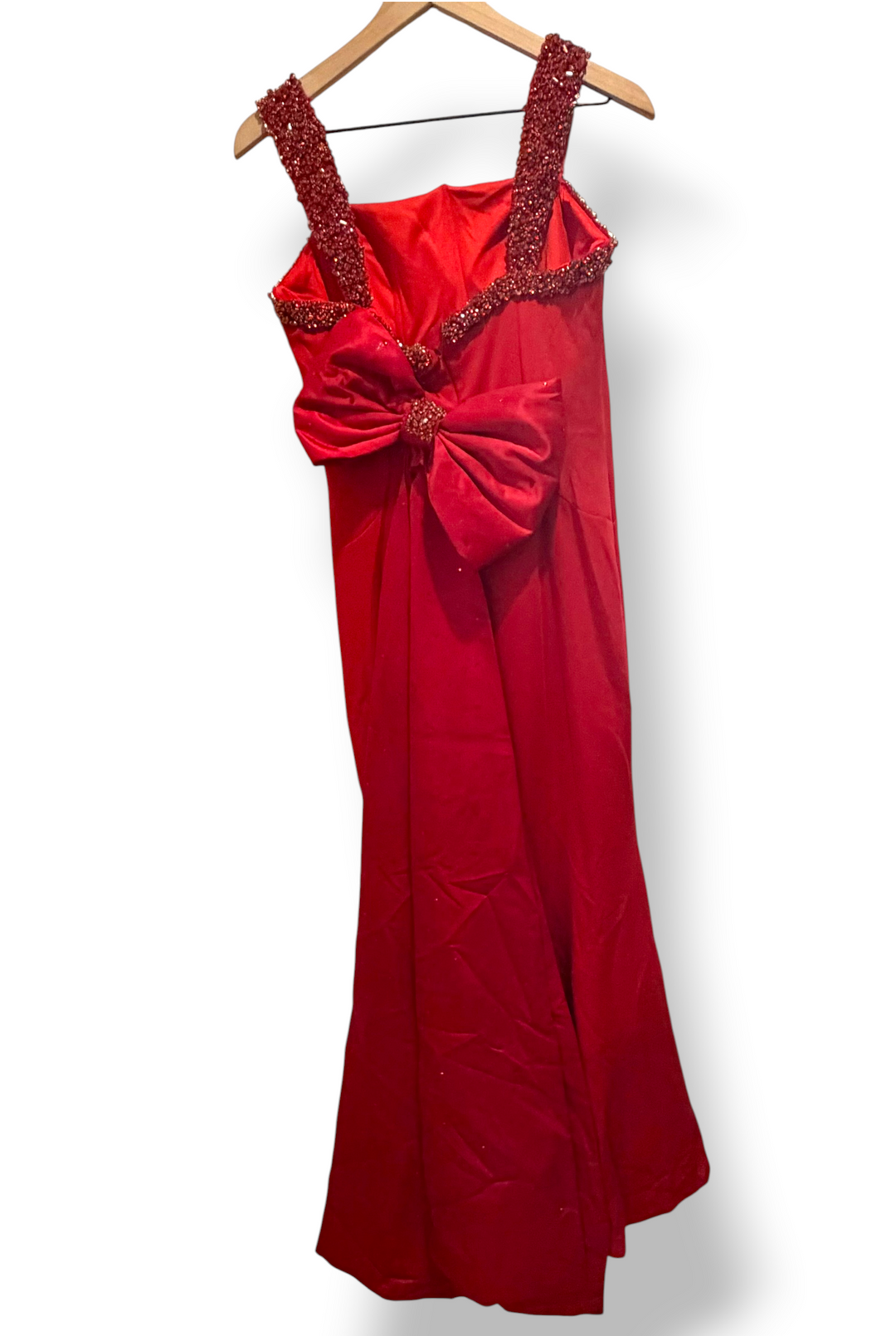 Ava Presley 29121 Red Satin Beaded Mermaid Prom Evening Gown Size 10 Bow Train