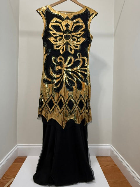 Metme Sequin Beaded Tulle Maxi Dress Black Gold XL