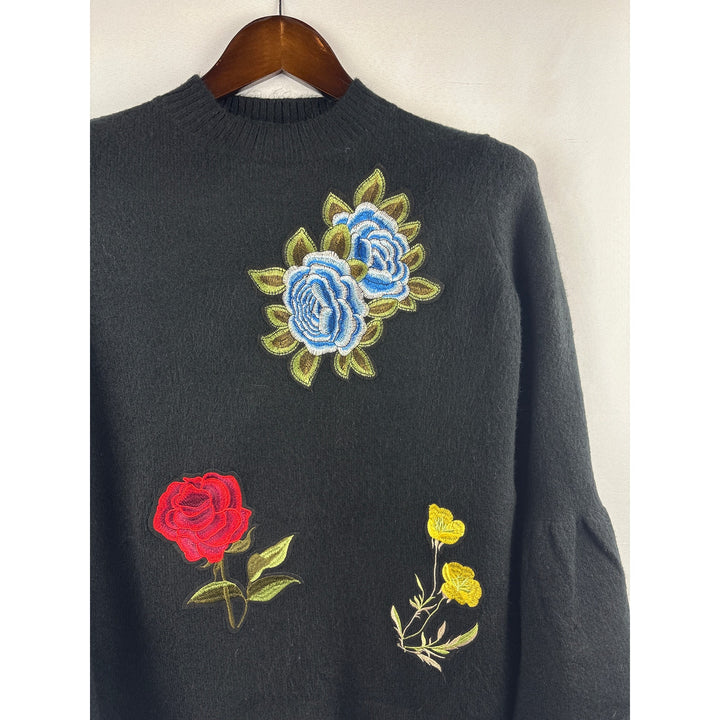 Women’s Artisan Crafted Small Black Sweater w/ Floral Embroidery