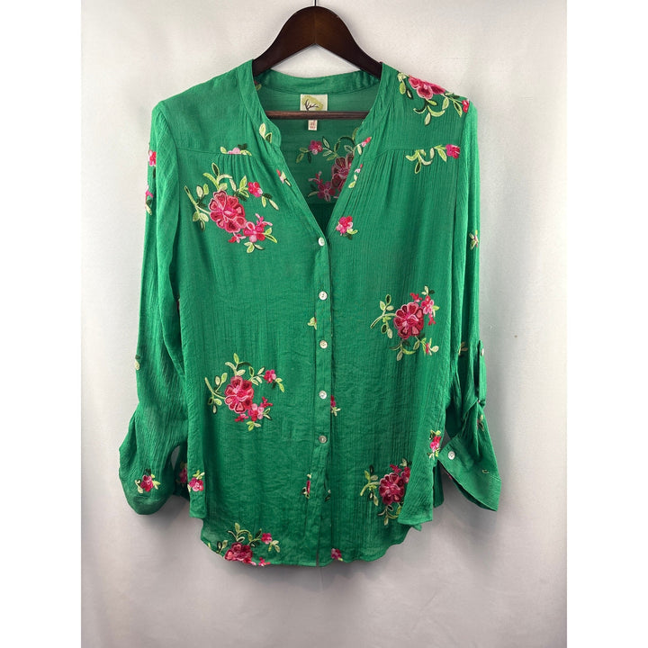 Women’s Fig & Flowers XL Green w/ Pink Floral Embroidery Button Up Blouse
