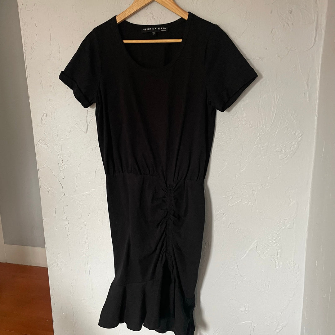 Veronica Beard PIMA Dress Black T-shirt Ruched Ruffle Minimalist Neutral S