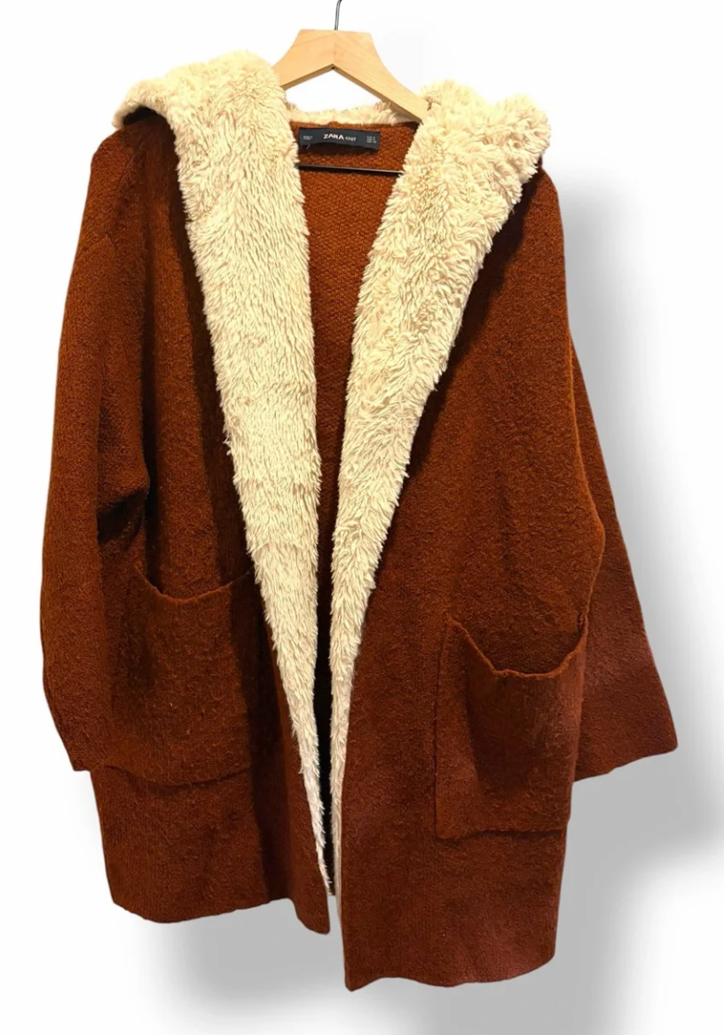 Zara Knit Hooded Cardigan Sz S Brown Sherpa Lapel Boho Hippie Sweater Jacket