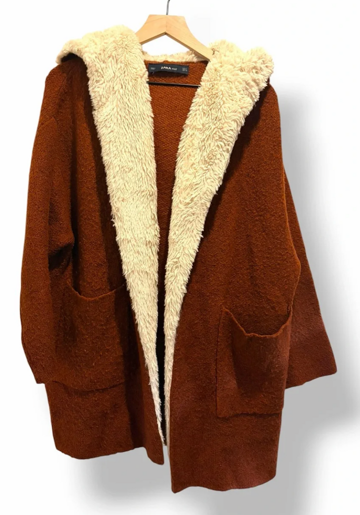 Zara Knit Hooded Cardigan Sz S Brown Sherpa Lapel Boho Hippie Sweater Jacket