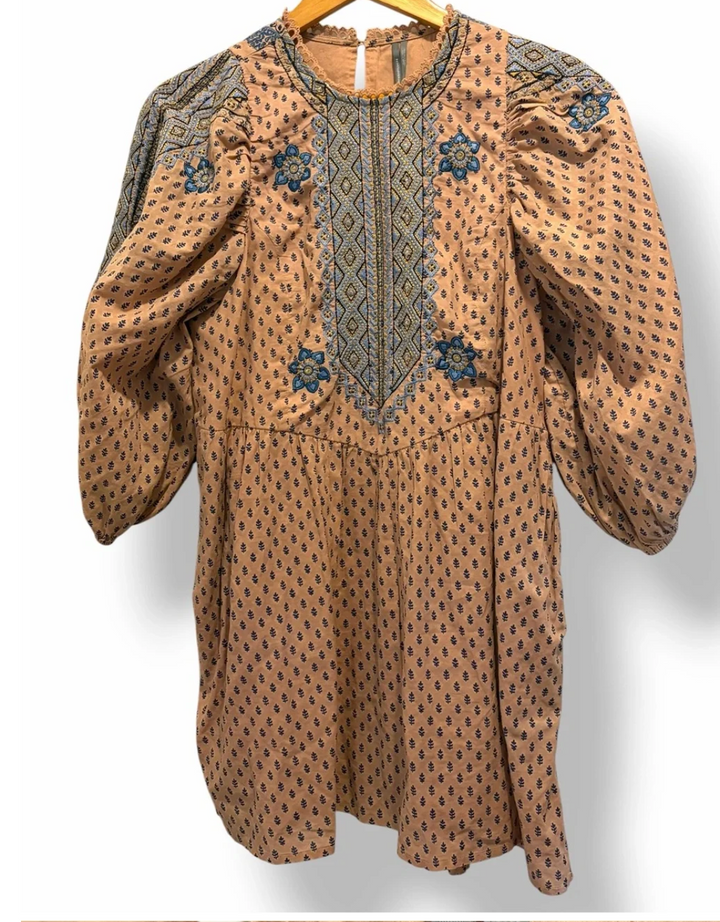 Anthropologie Embroidered Tunic Mini Dress Boho Balloon Sleeve Peach Medium