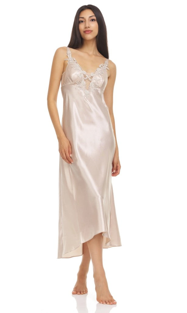 FLORA by Flora Nikrooz Women's Stella gown almond slip dress with padded bust and lace neckline detail, size M
