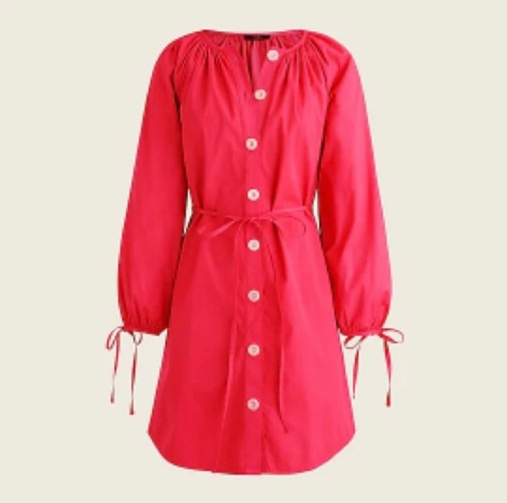 J.Crew Tie‑Sleeve Button‑Front Cotton Poplin Dress – Bright Pink SzXL NWT