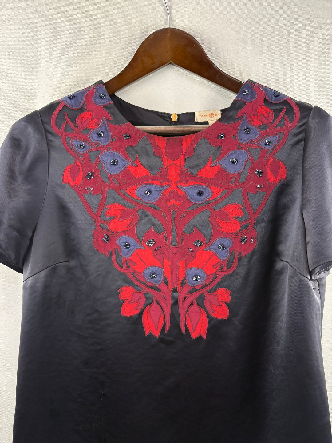 Women’s Tory Burch Size 10 Black Satin Patterned Blouse