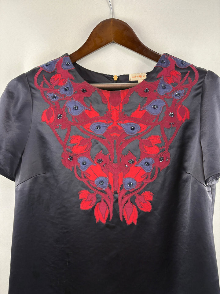 Women’s Tory Burch Size 10 Black Satin Patterned Blouse
