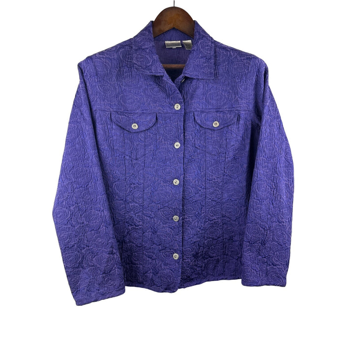 Women’s Chico’s Size 1 Royal Purple Rose Patterned Button Up