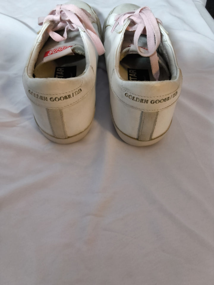 Golden Goose Super Star White Leather Sneakers Blush Pink Laces Size 37