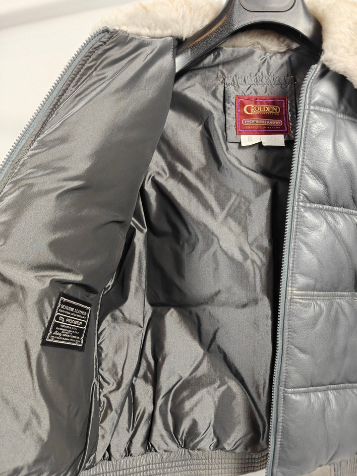 Mens Vintage Golden Pioneer Wear Leather Puffer Jacket Gray Fur Collar