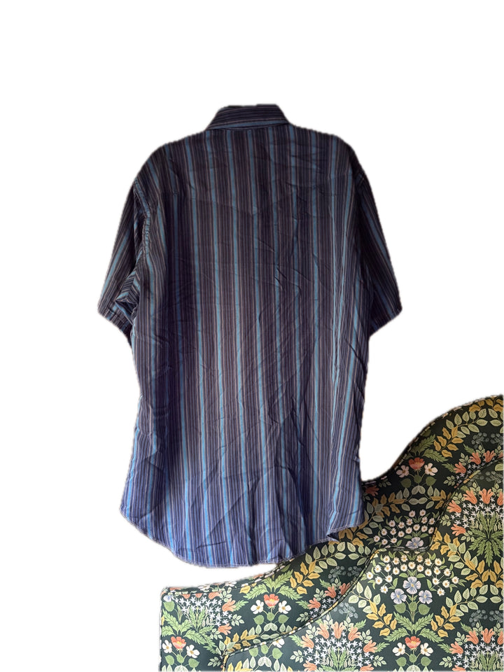 Wrangler Cowboy Cut Blue Striped Western Short Sleeve Pearl Snap Shirt