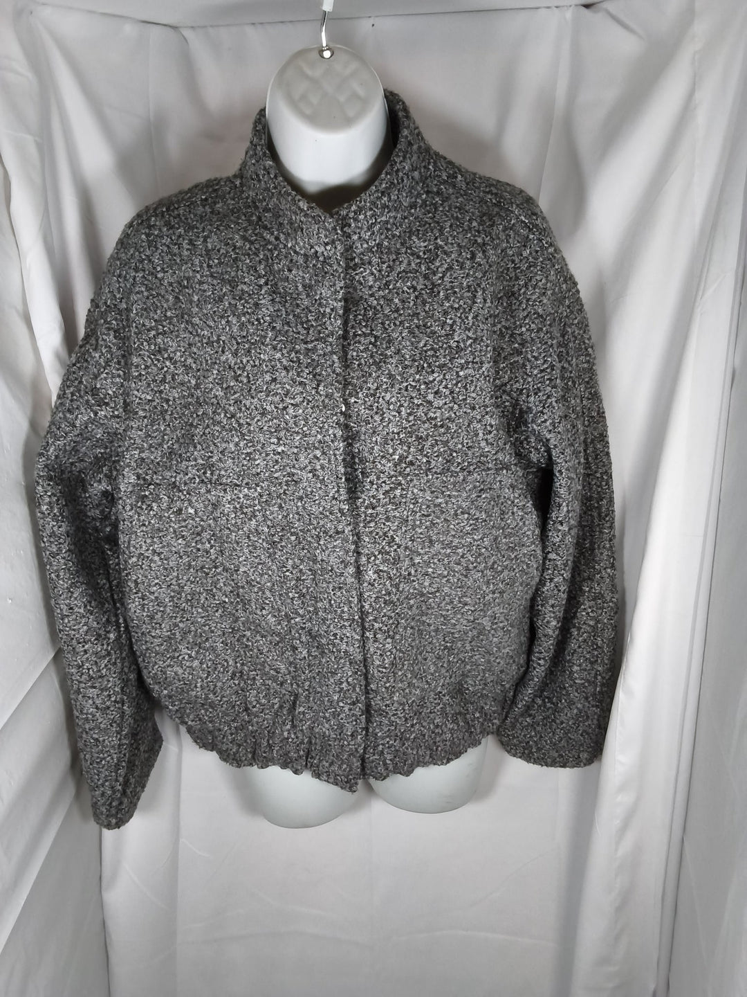 Grey Boucle Knit Bomber Jacket With Funnel Neck And Bubble Hem