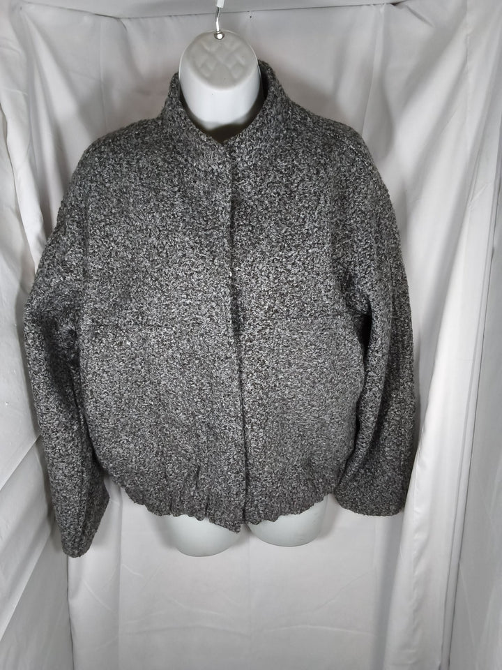 Grey Boucle Knit Bomber Jacket With Funnel Neck And Bubble Hem