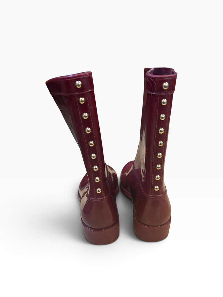 ALDO Burgundy Rain Boots Size 9 Studded Mid Calf Rubber Wellies Moto Punk