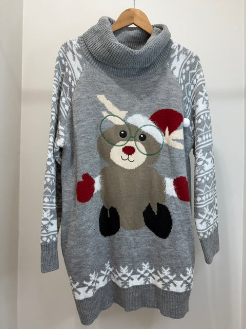Holiday Reindeer Sweater Gray Fair Isle Cowl Neck SzL