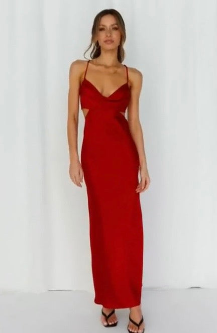 Fiemaoves Satin Cowl Neck Backless Maxi Dress Rose Brown NWT XL