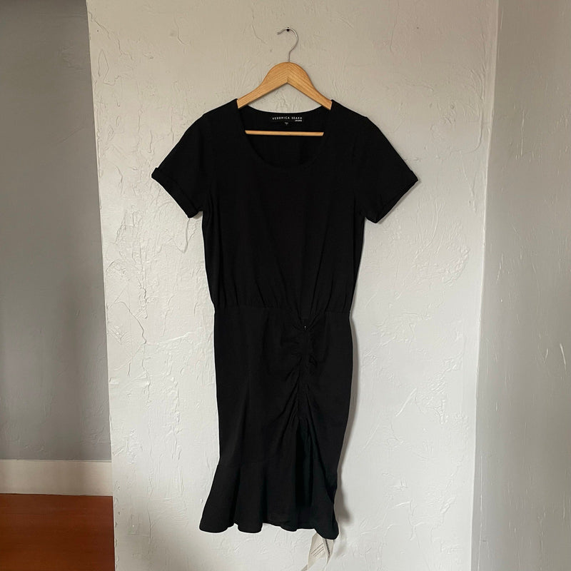 Veronica Beard PIMA Dress Black T-shirt Ruched Ruffle Minimalist Neutral S