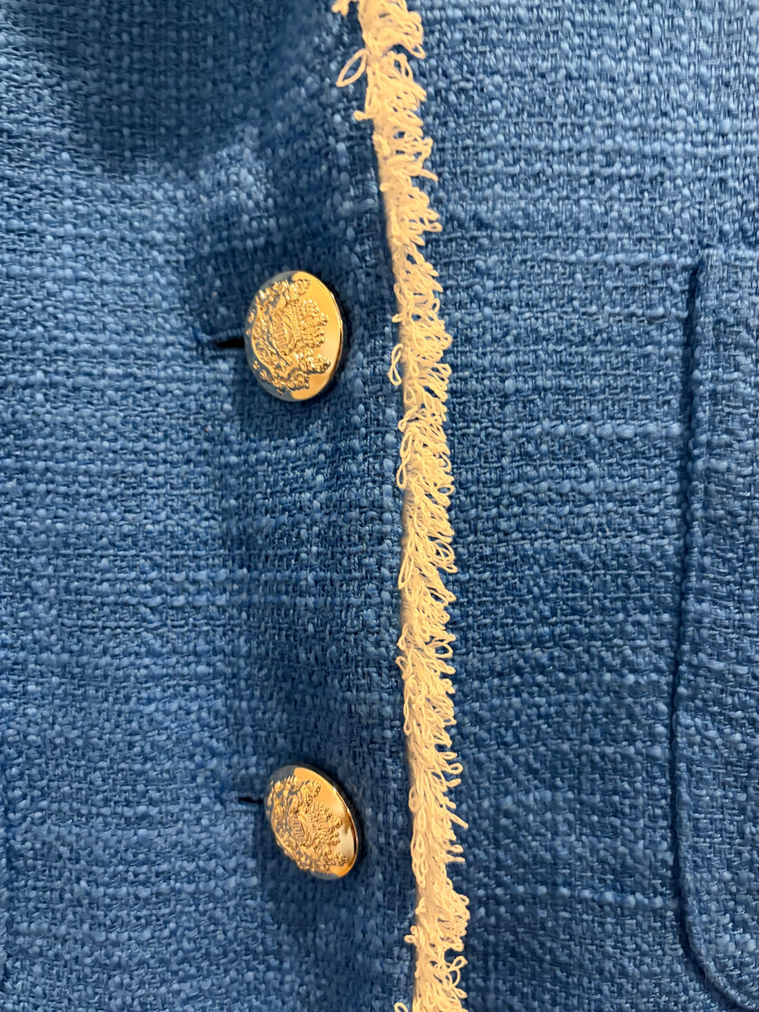 Susan Graver Royal Blue Tweed Blazer Jacket Size 4 Gold Buttons Quiet Luxury