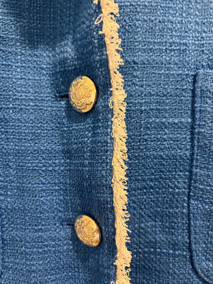 Susan Graver Royal Blue Tweed Blazer Jacket Size 4 Gold Buttons Quiet Luxury