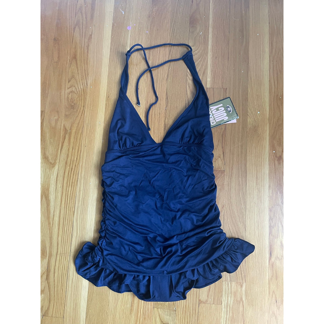Juicy Couture Navy Blue One Piece Ruffle Ruched Bathing suit NWT Medium Y2K Skirt HLT Maillot Swimdress Beach Royalty Swim Suit