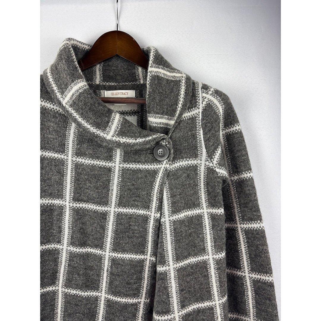 Women’s Ellen Tracy Small Grey w/ White Plaid Knit Single Button Sweater