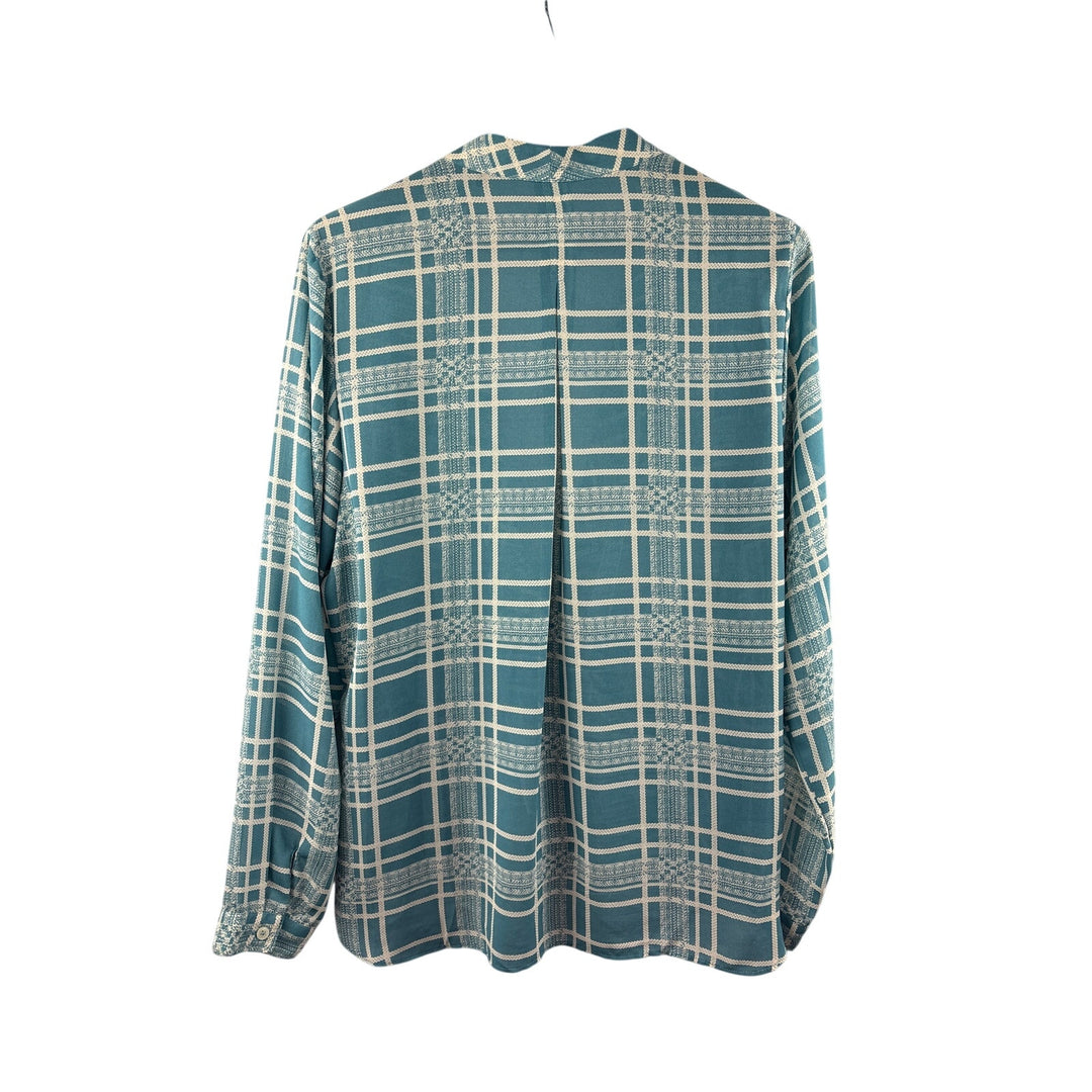 Women’s Cabi XL Muted Teal & White Plaid Faux Wrap Long Sleeve Blouse