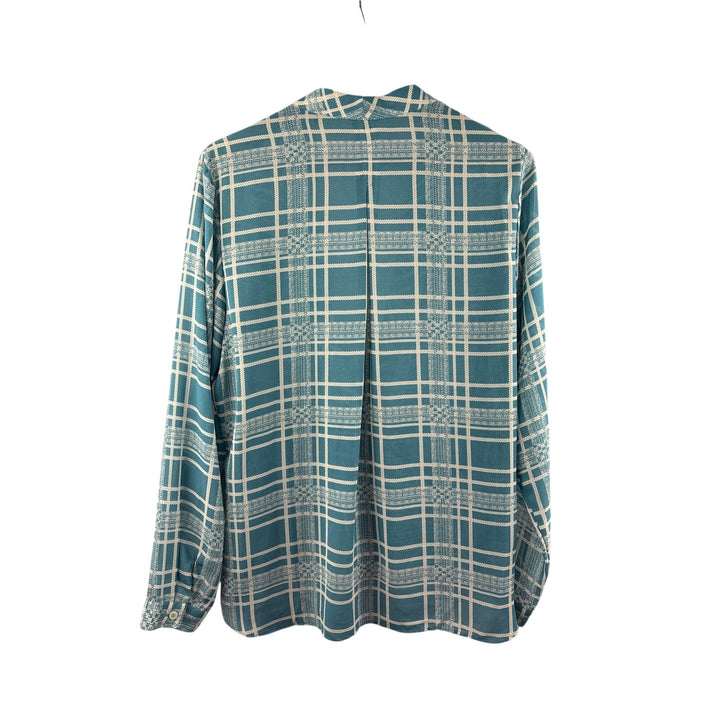 Women’s Cabi XL Muted Teal & White Plaid Faux Wrap Long Sleeve Blouse