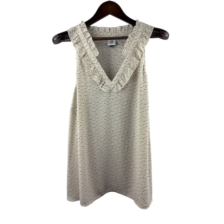 Women’s Cabi XL Cream & Black Dot Patterned Sleeveless Ruffled Blouse