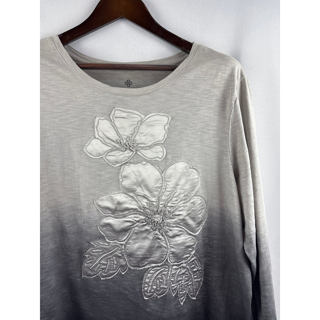 Women’s Charter Club Size 2X Dark & Light Grey Ombré 3/4 Sleeve Shirt w/ Florals