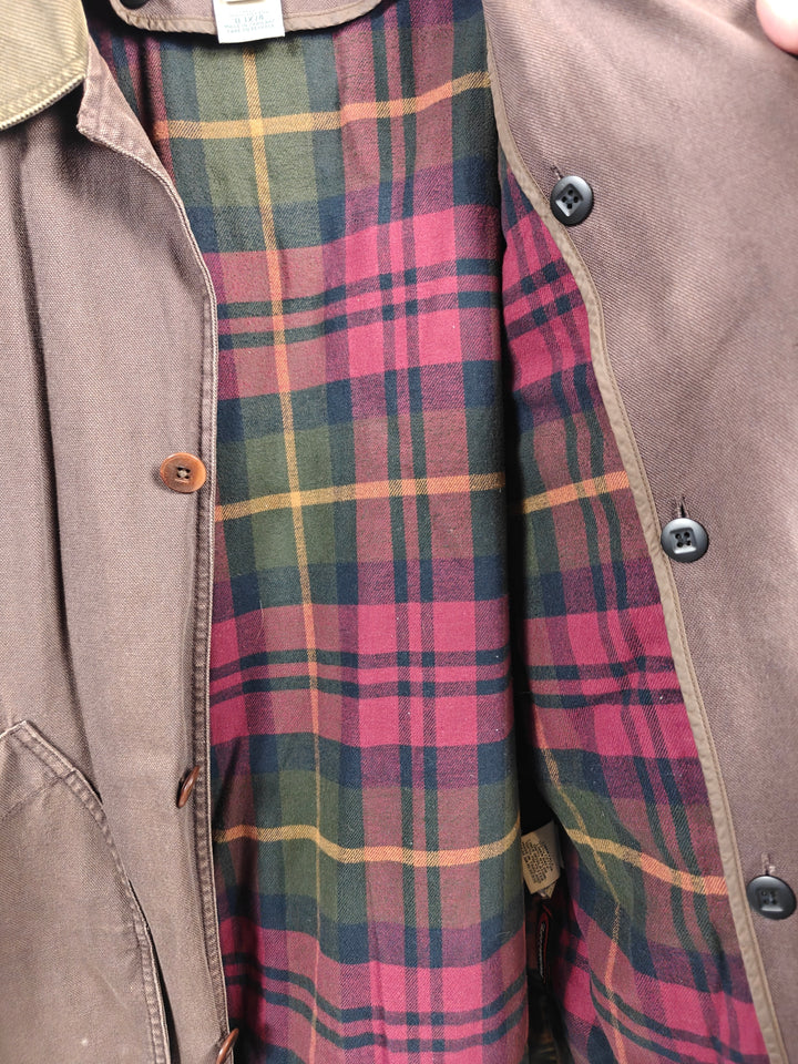 LL Bean Mens Brown Barn Coat With Corduroy Collar And Plaid Lining Size Medium