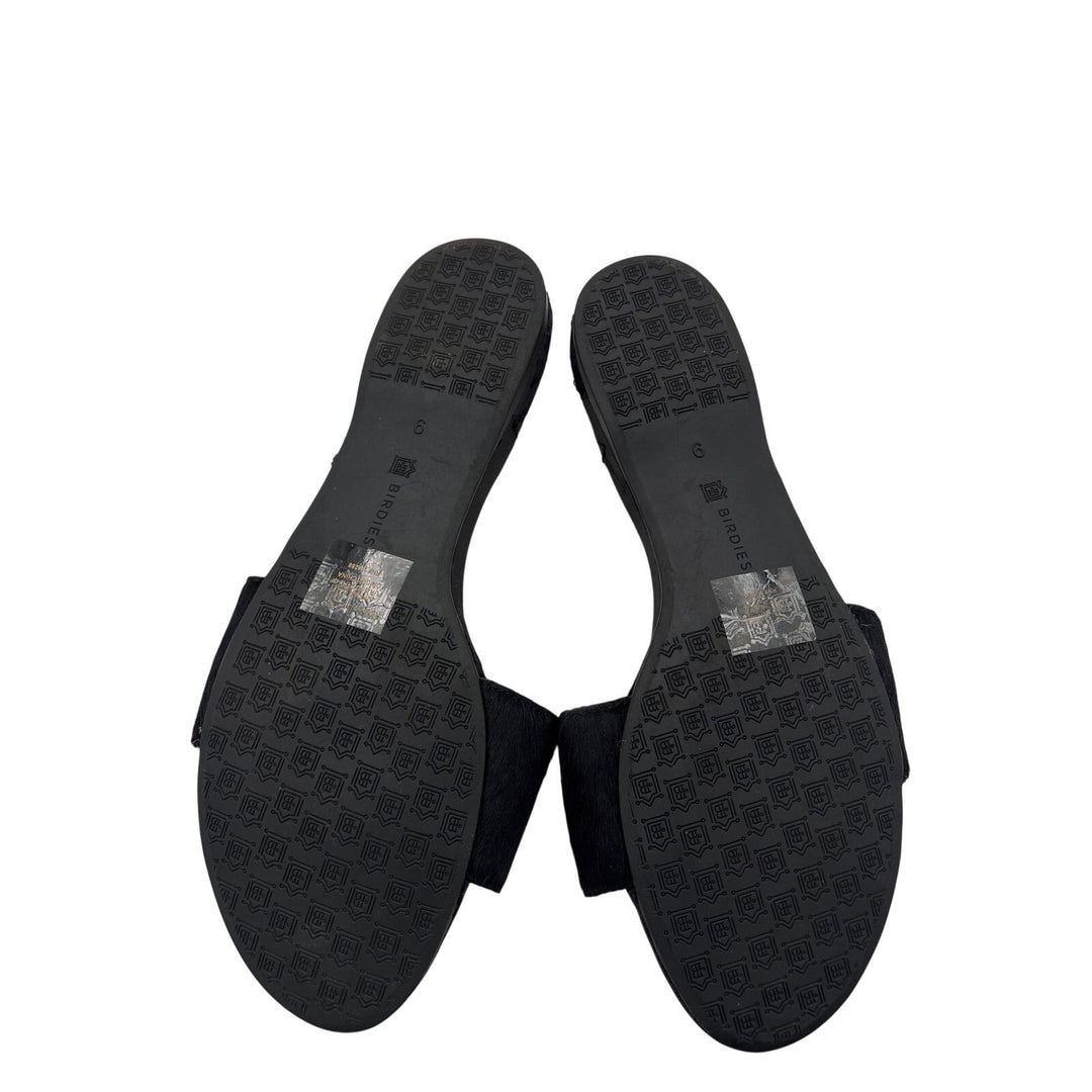 Women’s Birdies Size 6 Black Fur & Satin Slip On Sandals
