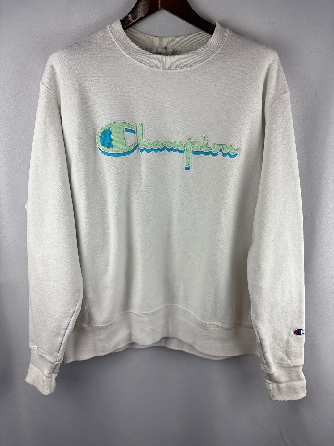Women’s Champion Large White Crewneck w/ Green Embroidery