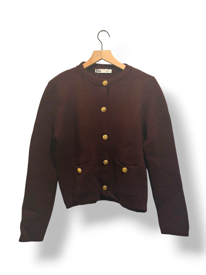 Zara Burgundy Maroon Gold Button Cardigan Sweater Size L NWT Quiet Luxury