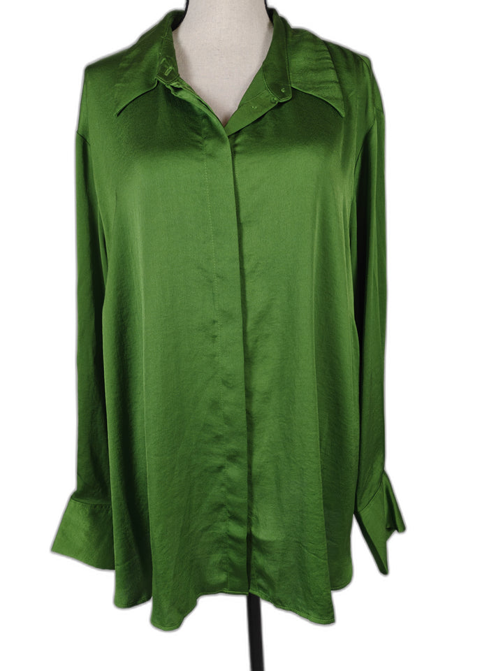 Womens Unbranded Button Down Blouse Kelly Green Satin Long Sleeve Size Unknown