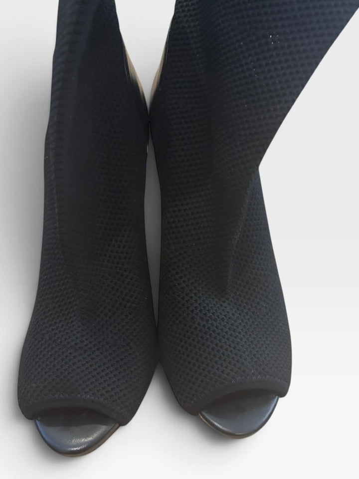 GUESS GWABRI Black Mesh Peep Toe Sock Boots Size 6 Stiletto Y2K NWOB