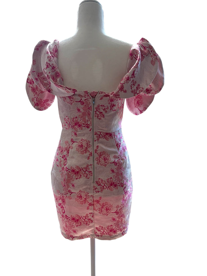 PrettyLittleThing Pink V-Bar Jacquard Expressive Sleeves Mini Bodycon Dress, Size 4