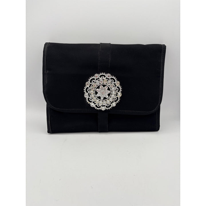 Black Satin Clutch With Silver Embellishment & Magnetic Closure