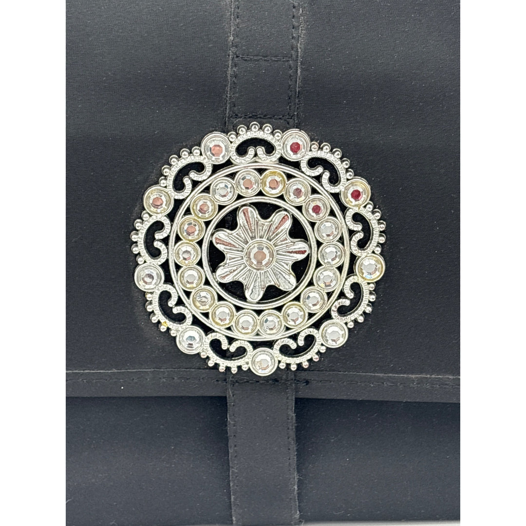 Black Satin Clutch With Silver Embellishment & Magnetic Closure