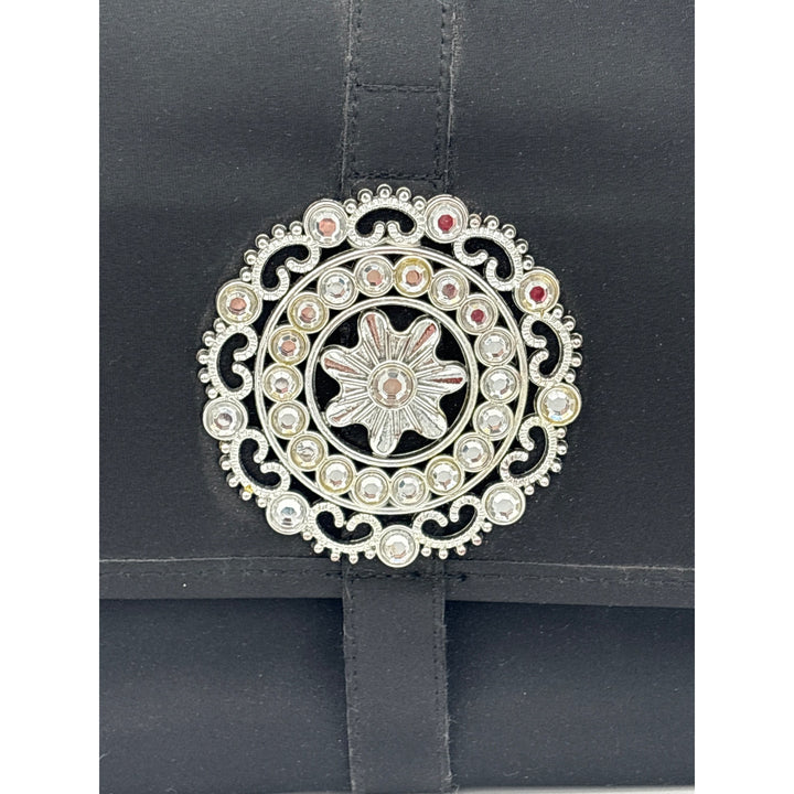Black Satin Clutch With Silver Embellishment & Magnetic Closure