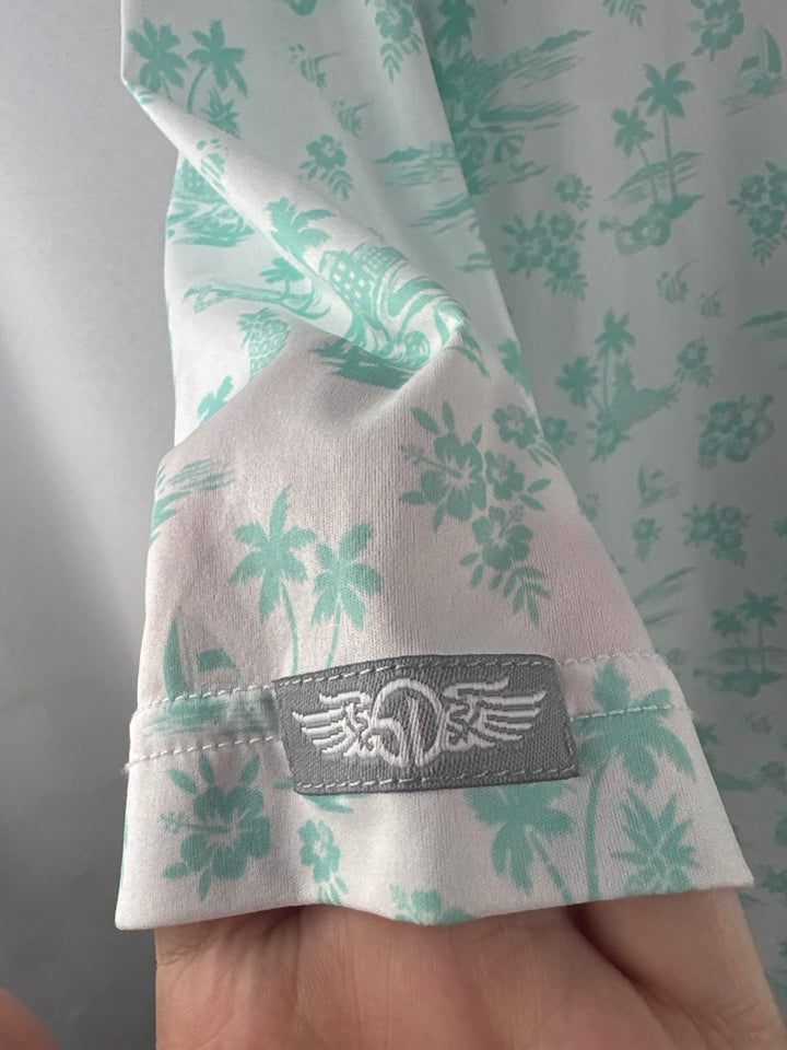 Men’s Straight Down XL White Golf Polo w/ Green Hawaiian Pattern
