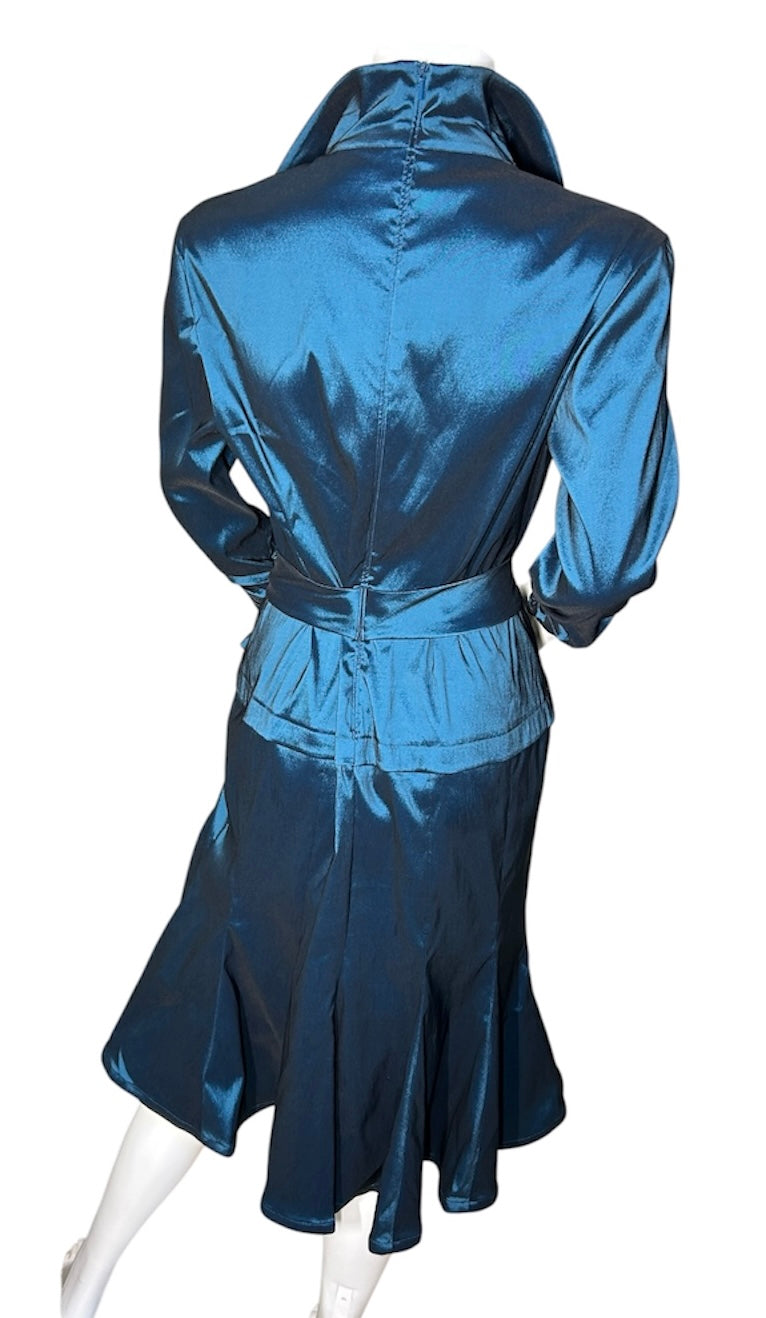 Tadashi Collection Women’s Size 8 Deep Teal Blue Green Satin Tie Waist Midi Dress Ruched Sleeve cocktail