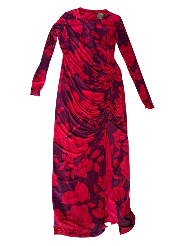 Taylor Women’s Purple/Red Long Sleeve Ruched Maxi Foral Dress, Size 4